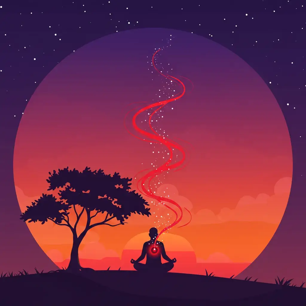 A minimalist circular vector scene with a vivid sunset sky in deep purple, orange, and pink gradients. A lone silhouetted figure sits in a meditative pose beneath a windswept tree on a hill. Red swirling energy floats upward from their chest, slowly dispersing into glowing particles or stars, symbolizing the release of built-up anger. The sky is peaceful with soft stars. Flat design, clean lines, no textures — matching the serene and symbolic style of the reference.
