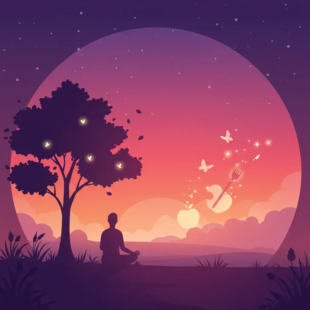 A minimalist, calming landscape in soft sunset colors (deep purples, pinks, oranges), showing a peaceful person sitting cross-legged under a tree, meditating or in a relaxed trance-like state. The environment radiates a sense of self-awareness and emotional healing. Include subtle symbols of transformation, like faint glowing butterflies or leaves rising in the air. In the distance, incorporate abstract shapes or silhouettes of food (like an apple or fork) dissolving gently into mist — symbolizing letting go of emotional eating. Keep the circular frame and gradient sky with stars to maintain a soothing, dreamlike style. Flat vector style, clean lines, soft gradients, calming aesthetic.